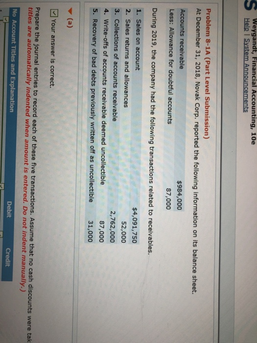 Weygandt,Financial Accounting, 10e Help | System Announcements Problem 8-1A (Part Level Submission) At December 31, 2018, Nov