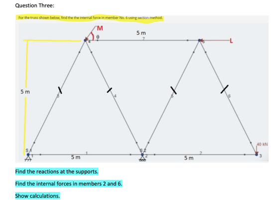 Question Three: For the truss shown below, find the the internal force in member No. 6 using section method. M 5 m 5 m 40 KN