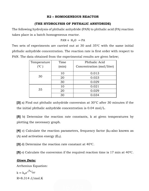 R2 - HOMOGENEOUS REACTOR (THE HYDROLYSIS OF PHTHALIC ANHYDRIDE) The following hydrolysis of phthalic anhydride (PAN) to phtha