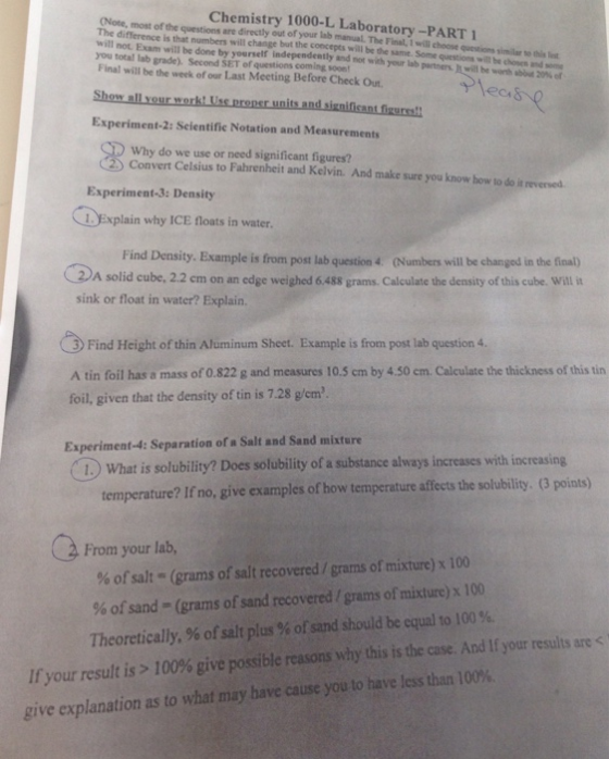 Chemistr 1000-L Laboratory-PART 1 (Note, most of the questions are directly out of The difference is that numbers change will