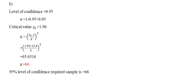 b) Level of confidence-0.95 α-1-0.95-0.05 Critical value za-1.96 1.96 12.4 -65.6316 n =66 95% level of confidence required sa