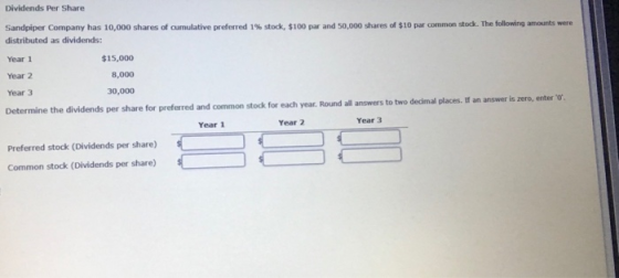 Dividends Per Share Sandpiper Company has 10,000 shares of cumulative preferred 1% stock, $100 par and 50,000 shares of $10 p