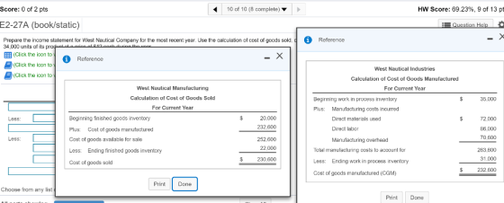 Score: 0 of 2 pts 10 of 10 (8 complete) HW Score: 69.23%, 9 of 13 pt E2-27A (book/static) Prepare the income slatement for West Nautical Company for the most recent year. Use the calculation of cost of goods sold, 34,000 units of its q Reference EEB (Click the icon to Reference (Click the icon to (Click the icon to West Nautical Industries Calculation of Cost of Goods Manufactured For Current Year West Nautical Manufacturing Calculation of Cost of Goods Sold For Current Year Beginning work in process inventory 35,000 Plus Manufacturing costs incurred Beginning finished goods inventory Plus: Cost of goods manufactured Cost of goods available for sale Less: Ending finished goods inventory Cost of goods sold 20,000 232,600 252,600 22.000 $230,600 72,000 86,000 70,600 263,600 31,000 232,600 Direct materials used Direct labor Manufacturing overhead Less Less: Tolal manufacturing costs to account for Less: Ending work in process inventory Cost of goods manufactured (CGM) Print Done Choose from any list Print Done
