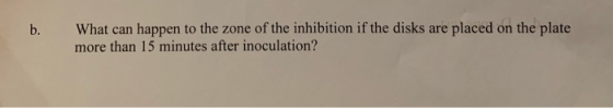 b. What can happen to the zone of the inhibition if the disks are placed on the plate more than 15 minutes after inoculation?