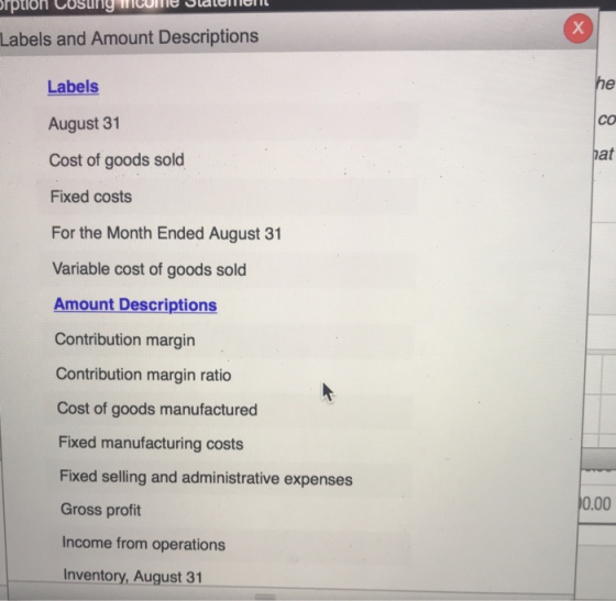 orption COSURIY HIColle Jlalui il Labels and Amount Descriptions Labels August 31 Cost of goods sold Fixed costs For the Mont