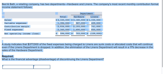 Bed & Bath, a retailing company, has two departments-Hardware and Linens. The companys most recent monthly contribution form
