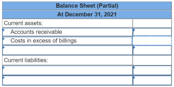 Balance Sheet (Partial) At December 31, 2021 Current assets: Accounts receivable Costs in excess of billings Current liabilit
