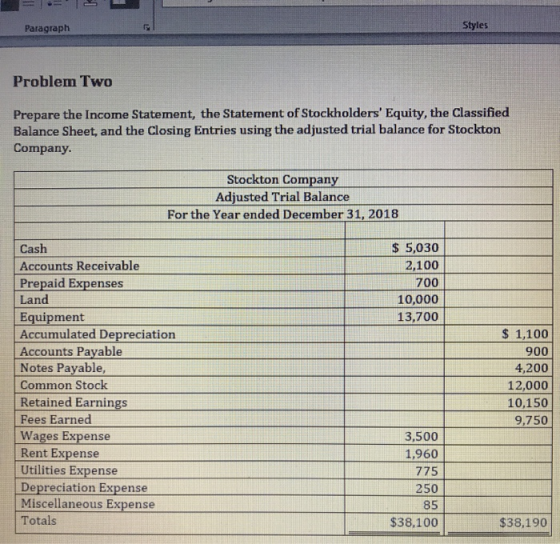 Paragraph Styles Problem Two Prepare the Income Statement, the Statement of Stockholders Equity, the Classified Balance Shee