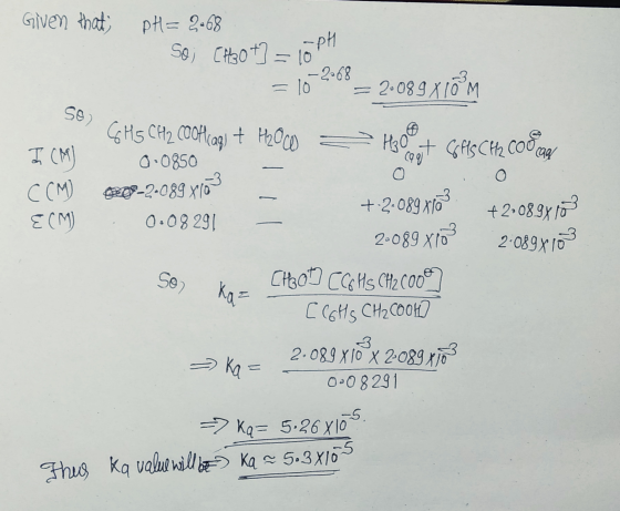Given that; pH = 2068 So; CH3O+] = 10PH = 102.68 _ 20089 X100M SO 7 GH5 CH2 Cootlags + H2OW - Hot GAS CH 2 COO a I (M) 0.0850