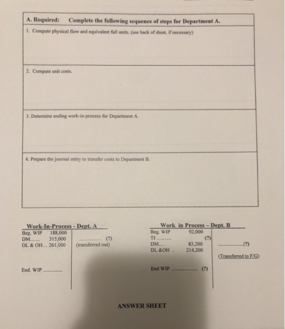A. Required: Complete the following sequence of steps for Department A. 1. Compute physical flow and equivalent full units. (