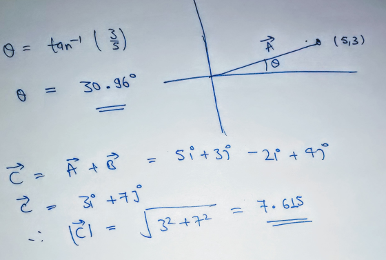(5,3) o= tans ( 3 ) = 14 30.96° si+39 -20 +49 = Ĉ= Ã to 3i +7 ic ㄹ 7. 615 32+72