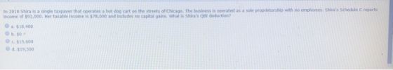 In 2018 Shira is a single taxpayer that operates a hot dog cart on the streets of Chicago. The business is operated as a sole