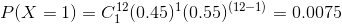 P(X = 1) = C120.45)*(0.55) (12-1) = 0.0075