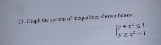 21. Graph the system of inequalities shown below: Sy + x2 51 lyzx² – 1