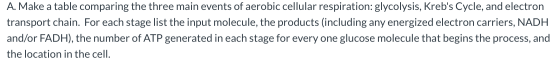 A. Make a table comparing the three main events of aerobic cellular respiration: glycolysis, Krebs Cycle, and electron trans