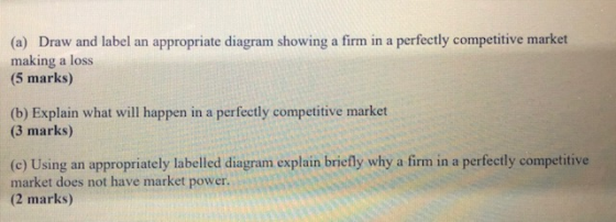 (a) Draw and label an appropriate diagram showing a firm in a perfectly competitive market making a loss (5 marks) (b) Explai