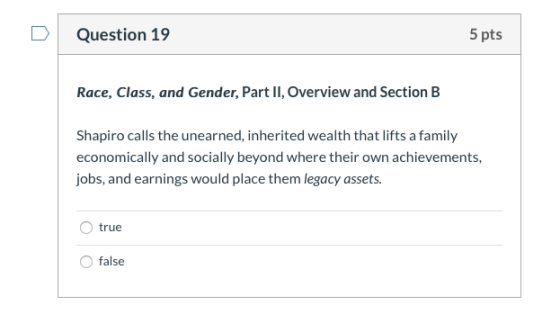 Question 19 5 pts Race, Class, and Gender, Part II, Overview and Section B Shapiro calls the unearned, inherited wealth that