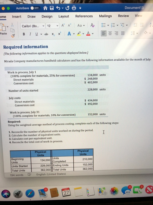 Document13 AutoSave View Review References Mailings Design Layout Insert Draw ome Aa v Calibri (Bo. 12 Paste U v ab x, x Requ