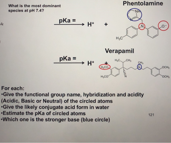 Phentolamine What is the most dominant species at pH 7.4? pka = a > H+ + НАС Verapamil pka = pKa = > H K H₃ C CH₃ → H CH,CO h
