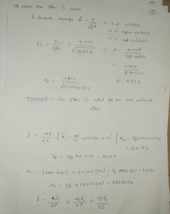 (di state the lhw in canal rmula Num va d super critical 9-4 1.30나 2 xl- 936 952 32-19x6 33 Assumed The f cahal let an sub cntica Plow E T 4.3y ナ El