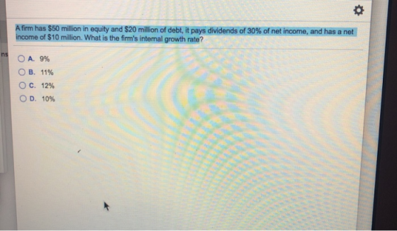 A firm has $50 million in equity and $20 million of debt, it pays dividends of 30% of net income, and has a net income of $10