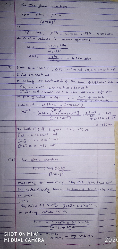 for the given reaction ке = p Си хра C (punce² ab Kp = 10.5 pchy = 0.272 atm pull = 0.358 atm. on puttin values in abone equa