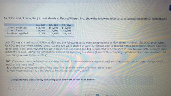 As of the end of June, the job cost sheets at Racing Wheels, Inc. show the following total costs accumulated on three custom