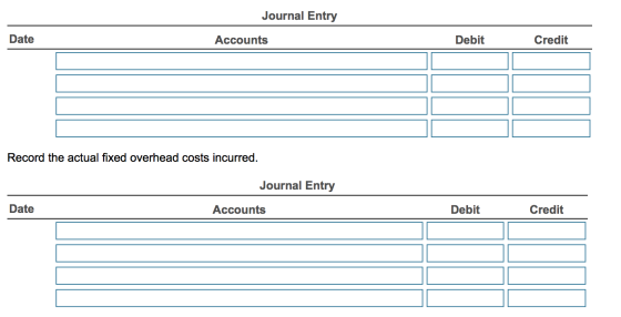 Journal Entry Date Accounts Debit Credit Record the actual fixed overhead costs incurred. Journal Entry Date Accounts Debit C