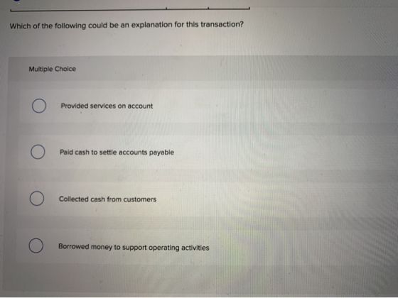 Which of the following could be an explanation for this transaction? Multiple Choice Ο Provided services on account Ο Paid ca