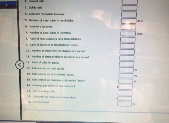 2. Current ratio 3. Quick ratio days days 4. Accounts receivable turnover 5. Number of days sales in receivables 6. Inventor
