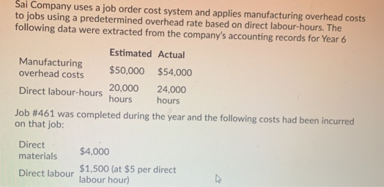 Sai Company uses a job order cost system and applies manufacturing overhead costs to jobs using a predetermined overhead rate