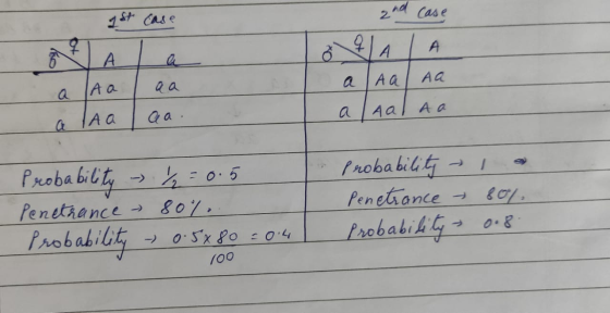 1st case and case HALA La Aa Aa a laalaa a Aa aa a laaaa. Probability - 1/2=0.5 Penetrance - 80%.. Probability 0.5x80 = 0.4 |
