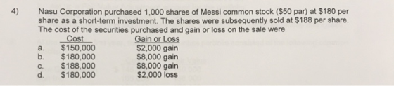 Nasu Corporation purchased 1,000 shares of Messi common stock ($50 par) at $180 per share as a short-term investment. The sha