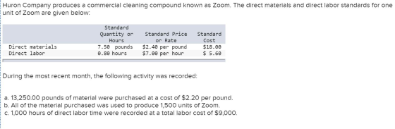 Huron Company produces a commercial cleaning compound known as Zoom. The direct materials and direct labor standards for one