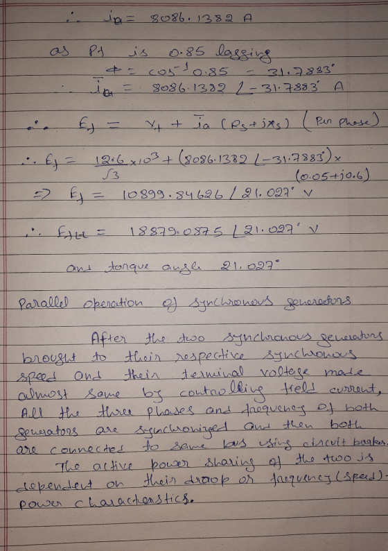 ja = 8086. 1382 A os PA is 0.85 lagging & cor10.85 808613221-31883 A 31.7883° vt in (esejxs) (pen Phase) fy 12:6x103+ (8086.1