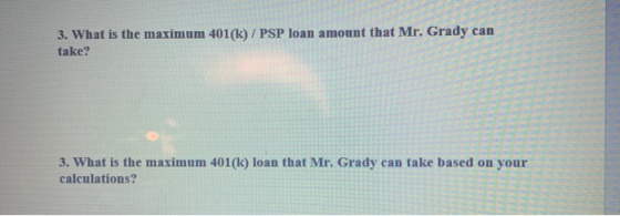 3. What is the maximum 401(k) / PSP loan amount that Mr. Grady can take? 3. What is the maximum 401(k) loan that Mr. Grady ca