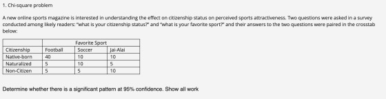 1. Chi-square problem A new online sports magazine is interested in understanding the effect on citizenship status on perceiv