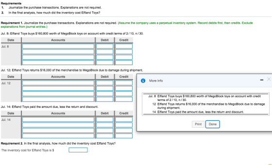 Requirements Journalize the purchase transactions. Explanations are not required. 1. 2. In the final analysis, how much did t