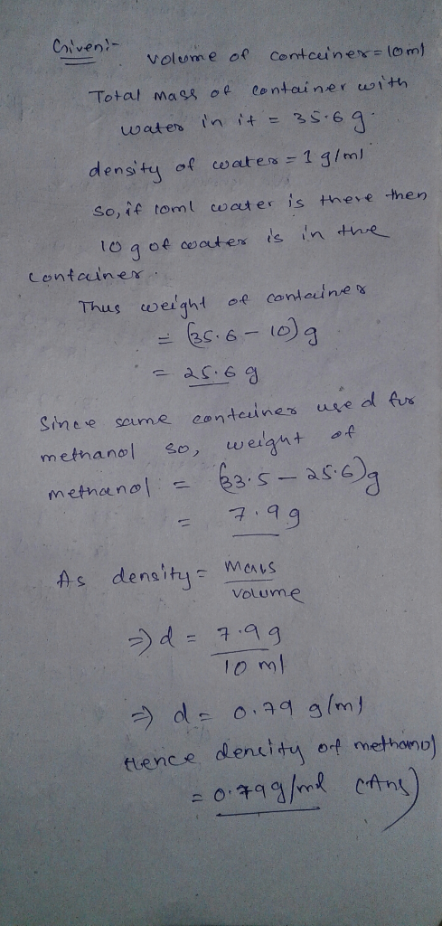 Calvent volume of Contcuiner=lom) Total maS8 0 lontainer with in it 35.6 3 water densitu of ces at es 1 g/ml 98 So,if toml co