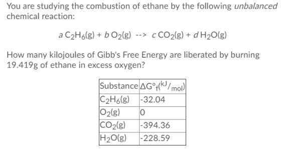 You are studying the combustion of ethane by the following unbalanced chemical reaction: a C2H6(g) + b O2(g) --> C CO2(g) + d