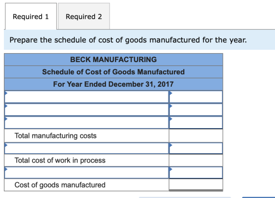 Required 1 Required 2 Prepare the schedule of cost of goods manufactured for the year. BECK MANUFACTURING Schedule of Cost of