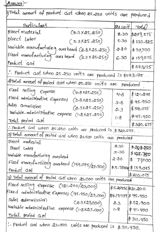 . A Answer! o Total amount of produet cast when 25,250 units are produced Particulars per unit Total pireet material (8.3x25,