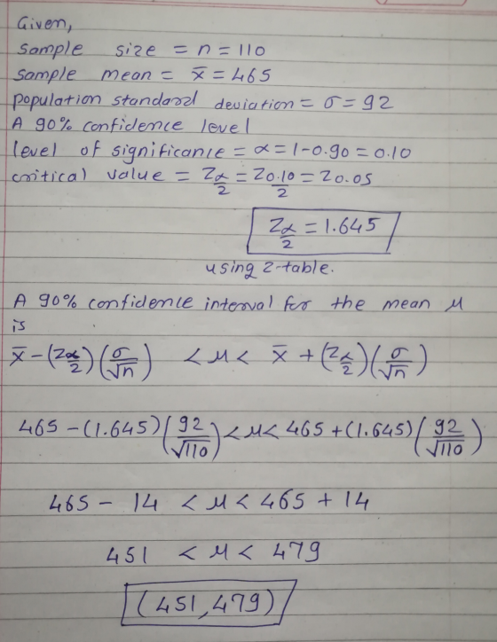 Given, Sample size=n=110 sample mean = x=265 population standard deviation = 0=92 A 90% confidence lovel level of significanc