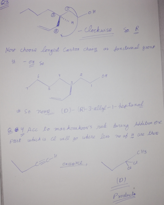 a oH MM clockwise so R Now choose longest Carbon chain as functional group is - on so # so nome (0)- (R-3-allye-1-heptanal @
