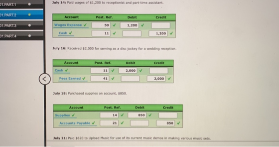 July 14: Paid wages of $1,200 to receptionist and part-time assistant. 01.PART.1 01.PART.2 Account Post. Ref. Debit Credit 01
