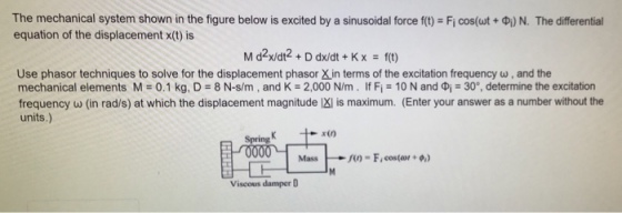 The mechanical system shown in the figure below is excited by a sinusoidal force f(t)-Fi cos(ut + ?) N. The differential equation of the displacement x(t) is Use phasor techniques to solve for the displacement phasor Xin terms of the excitation frequency ? , and the mechanical elements M = 0.1 kg, D = 8 N-s/m , and K = 2,000 N/m . If Fi-10 N and ?? = 30°, determine the excitation frequency w (in rad/s) at which the displacement magnitude IXI is maximum. (Enter your answer as a number without the units.) x(n Spring Mass -f()-F, cos(an + e.) Viscous damper D