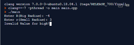 clang version 7.0.0-3-ubuntu0.18.04.1 (tags/RELEASE_700/final) ? clang++-7 pthread -o main main.cpp } ./main Enter R (Big Rad