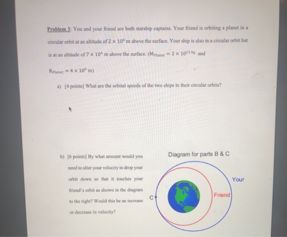 Problem 3: You and your friend are both starship captains. Your friend is orbiting a planet in a circular orbit at an altitud