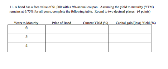 11. A bond has a face value of $1,000 with a 9% annual coupon. Assuming the yield to maturity (YTM) remains at 6.75% for all