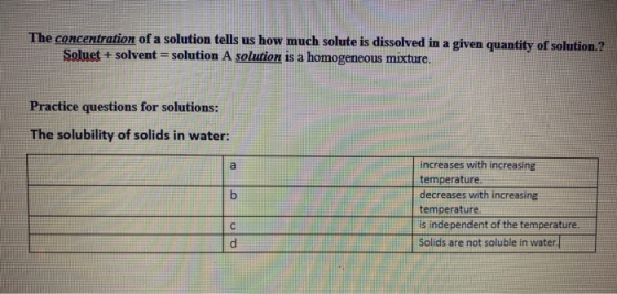 The concentration of a solution tells us how much solute is dissolved in a given quantity of solution.? Soluet + solvent = so
